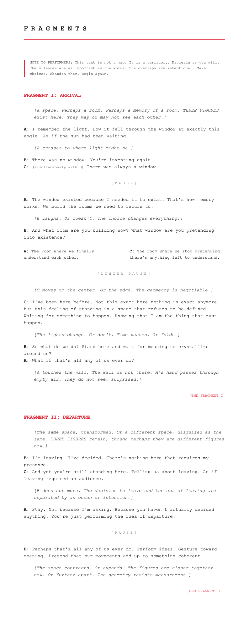 Off Broadway experimental stage play script